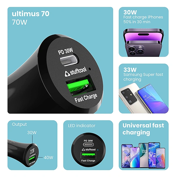 Stuffcool Dual Port Car Charger Ultimus 70W with Type C 30W PPS PD Port