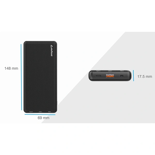 Stuffcool PB9027 10000mAh Powerbank Type-C PD 20W + USB A Fast Charger - Black, Blue, Pink