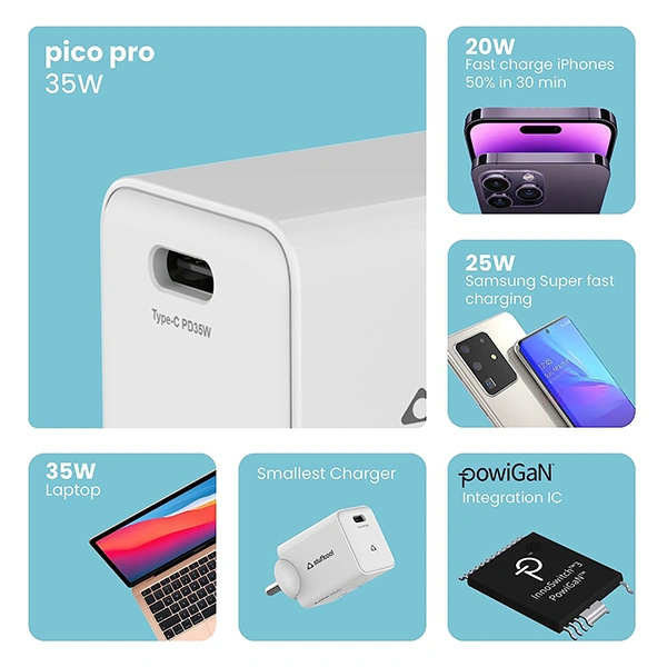 Stuffcool Pico Pro 35W Single Type C Wall Charger - Blue, White