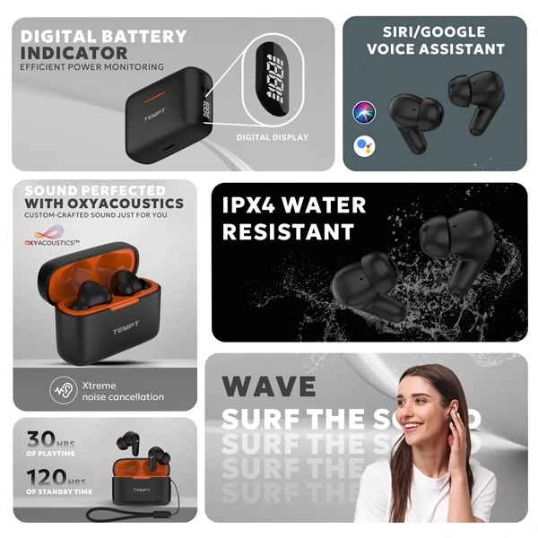 Tempt Wave True Wireless Earbuds - Black - Black