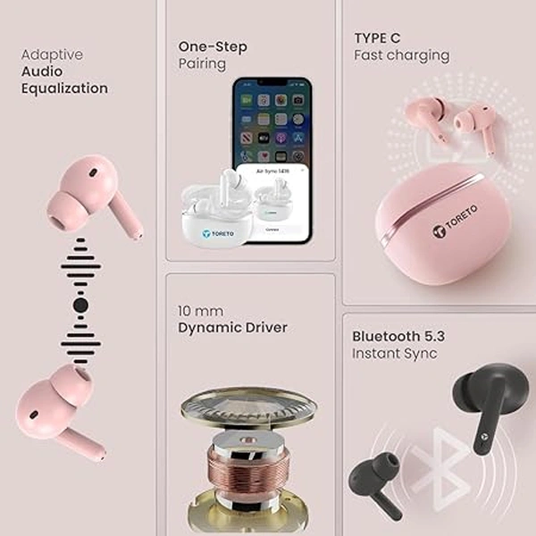 Toreto Air Sync ANC Wireless Earbuds - Black - Black