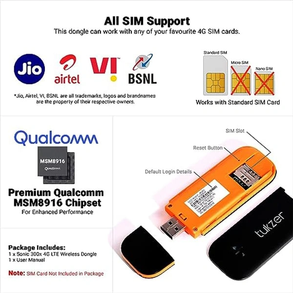 Tukzer 4G LTE Wireless USB Dongle Stick with All SIM Network Support