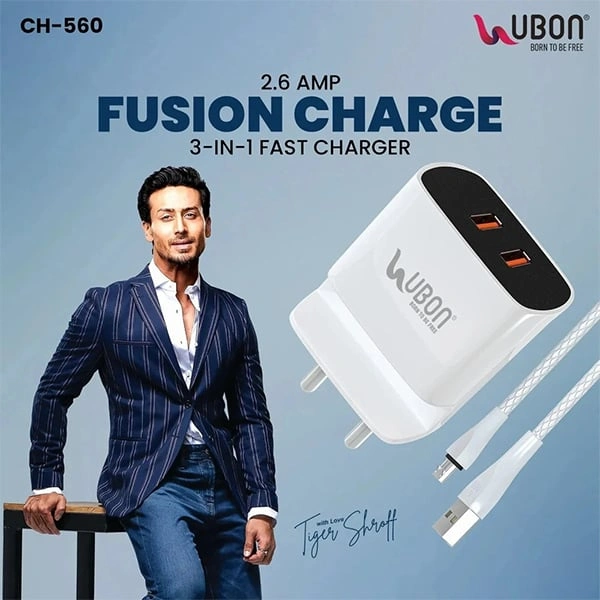 Ubon CH504 Power Adapter 2.6A with Type-C Charging Data Cable - Grey