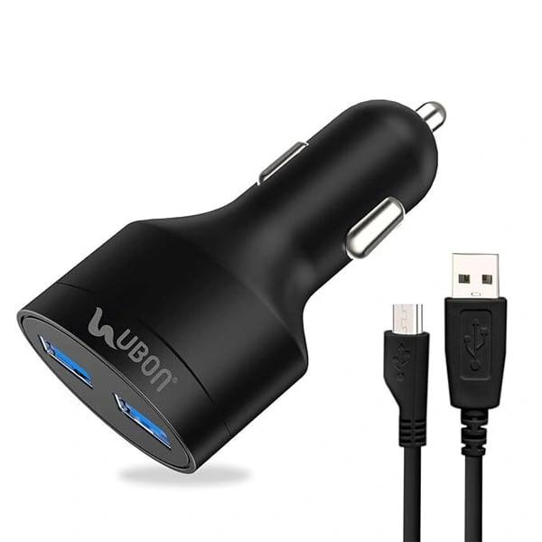 Ubon UBON CH-85 Boostcharge Dual USB Car Charger 2.4A 2 Fast Charging Port Charge Adapter with Micro USB Data Cable for Mobile Phone, Tablet & GPS (Black) - Black, New
