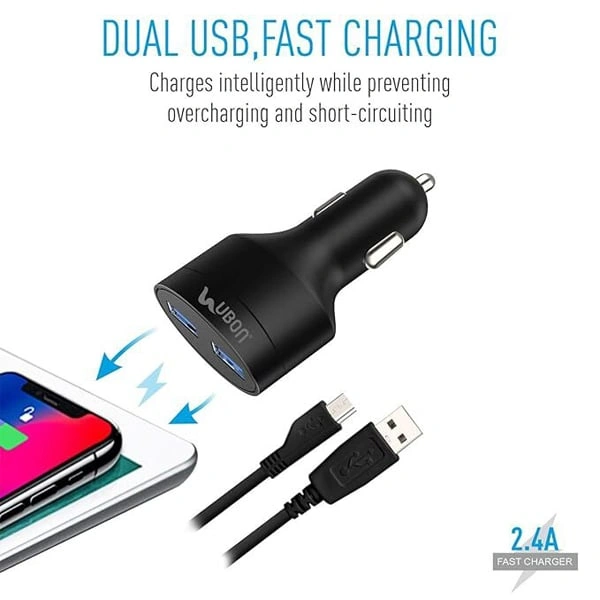 Ubon UBON CH-85 Boostcharge Dual USB Car Charger 2.4A 2 Fast Charging Port Charge Adapter with Micro USB Data Cable for Mobile Phone, Tablet & GPS (Black) - Black, New