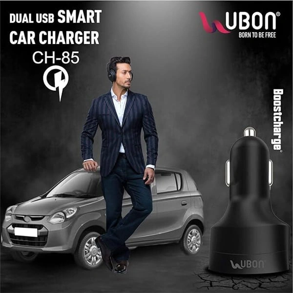 Ubon UBON CH-85 Boostcharge Dual USB Car Charger 2.4A 2 Fast Charging Port Charge Adapter with Micro USB Data Cable for Mobile Phone, Tablet & GPS (Black) - Black, New
