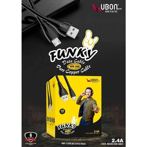 Ubon WR-200 Pure Copper 2.4A Micro USB Cable - Black, New
