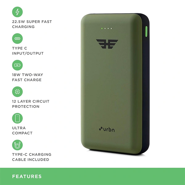 URBN 20000 mAh Lithium Polymer 22.5W Super Fast Charging Ultra Compact Power Bank - Black, Green, Purple