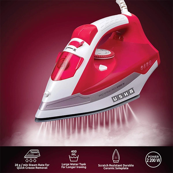 Usha Grand Jet Smart Steam Iron 2200W With Durable Ceramic Soleplate - Black Orange, Light Grey Blue