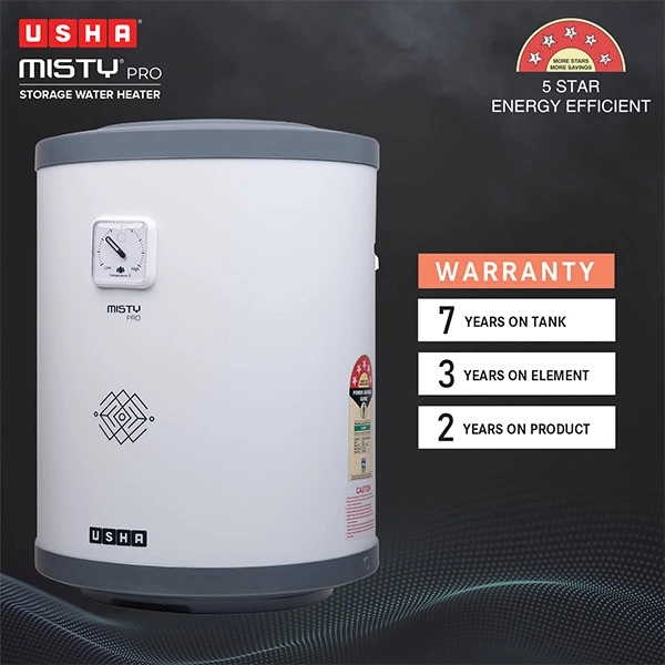 Usha Misty Pro 15 Litre 5 Star Storage Water Heater - Twinkling Grey - Twinkling Grey