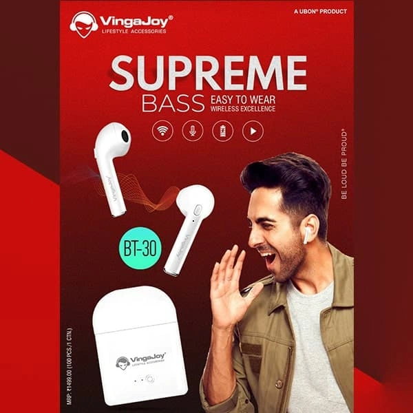 VingaJoy BT-30 TWS Wireless Earbuds (White, True Wireless) - Black, New
