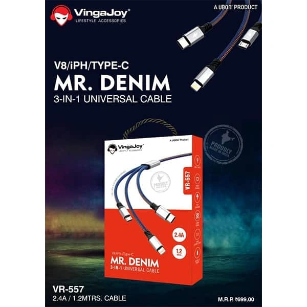 VingaJoy Vingajoy VR-557 2.4A 3-IN-1 UNIVERSAL CABLE - Black, New