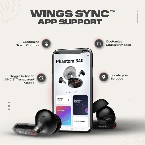 WINGS Wings Phantom 340 ANC Earbuds with Quad ENC Mic - White - White