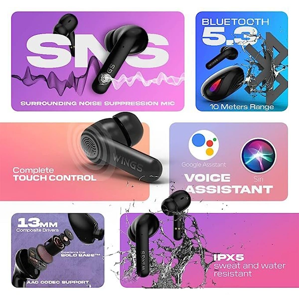 WINGS Wings Phantom 700 Truly Wireless In Ear Earbuds - Black, Grey, Orange, White
