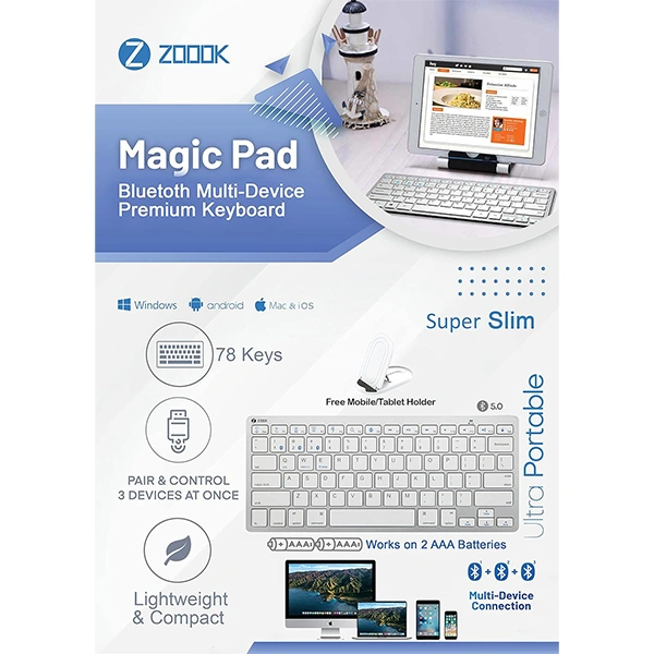 Zoook Magicpad Bluetooth Wireless Multi-Device Keyboard/Slim Design - White