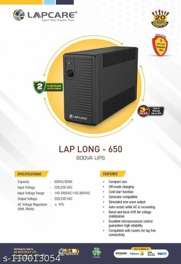 LAPCARE Lapcare 600VA /360W UPS 3 YEAR WARRANTY