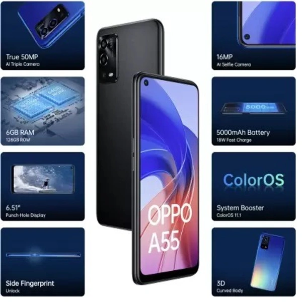OPPO A55 (Starry Black, 128 GB)  (6 GB RAM) - Starry Black, 128GB, 6GB