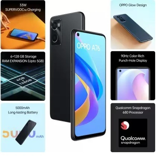 OPPO A76 (Glowing Black, 128 GB)  (6 GB RAM) - Glowing Black, 128GB, 6GB