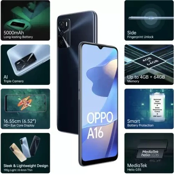 OPPO A16 (Crystal Black, 64 GB)  (4 GB RAM) - Crystal Black, 64GB, 4GB