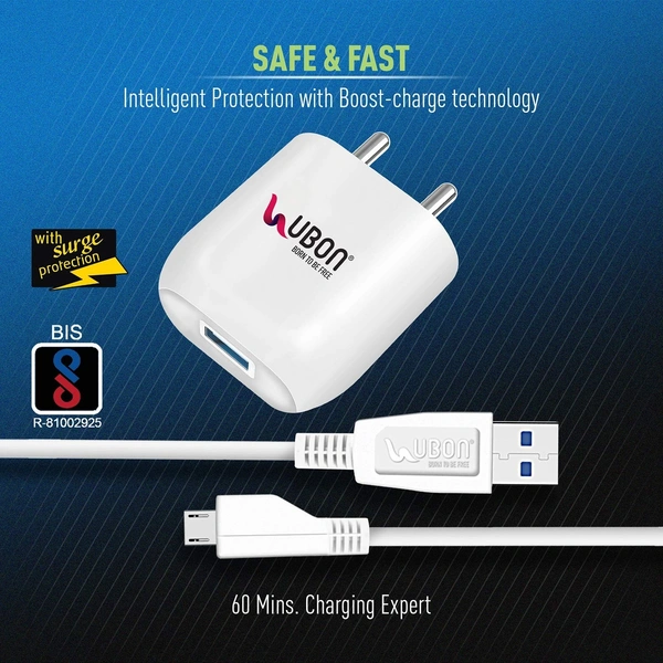UBON Boost Series Mobile Charger CH-58 2.4 Amp Wall Charger Fast Charging Adapter with Micro USB Cable for Smartphone & Tablets, BIS Certified, Smart Protection for Short Circuit & Overheating- White - White