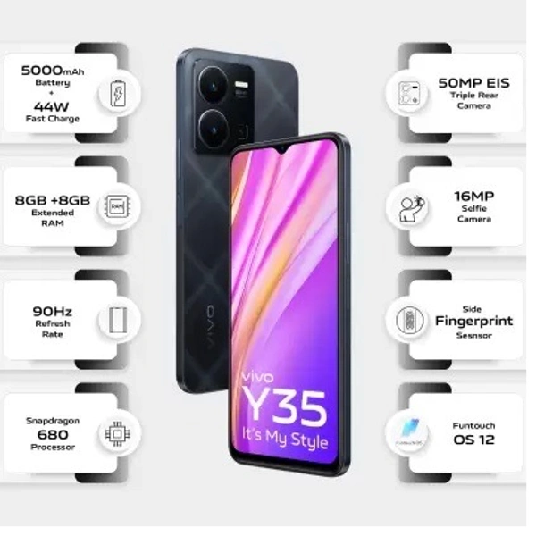 VIVO  vivo Y35 (Agate Black, 128 GB)  (8 GB RAM) - Agate Black, 128GB, 8GB