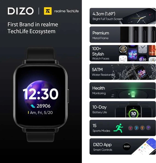 realme DIZO Watch 2 (by realme TechLife)  (White Strap, Free Size) - Black