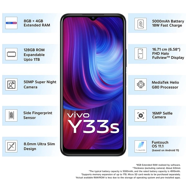 VIVO  vivo Y33s (128 GB)  (8 GB RAM) - Mirror Black, 128GB, 8GB