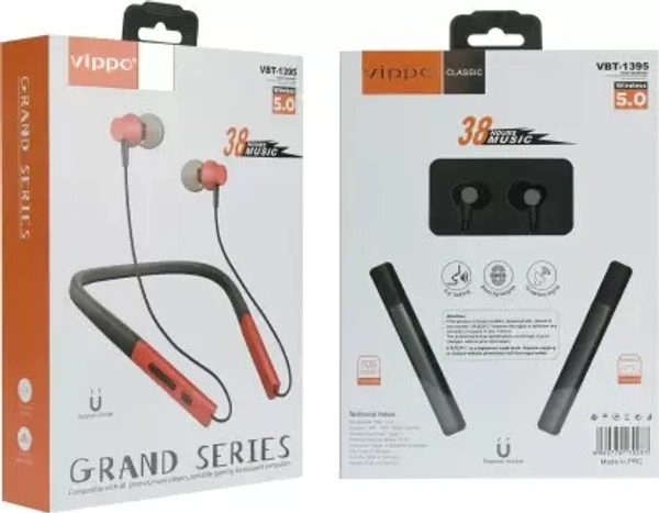 vippo VIPPO VBT-1395 GRAND SERIES 38 Hours Playtime Magnetic storage wireless Neckband Bluetooth Headset  (Grey, In the Ear) - black