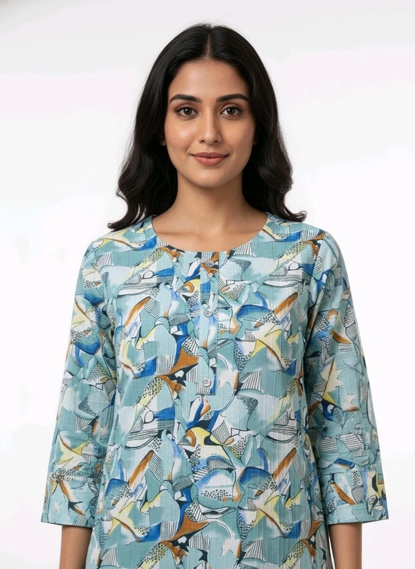 Thrinaiga Floral Printed Popcorn Kurti Sky Blue - L