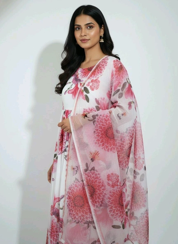 J D 131 Floral Printed Umbrella Top With Shawl White & Rose - XL