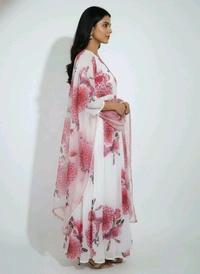 J D 131 Floral Printed Umbrella Top With Shawl White & Rose - XL
