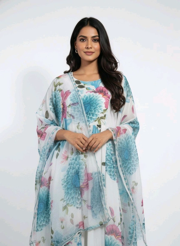 J D 131 Floral Printed Umbrella Top With Shawl White & Sky Blue - XL