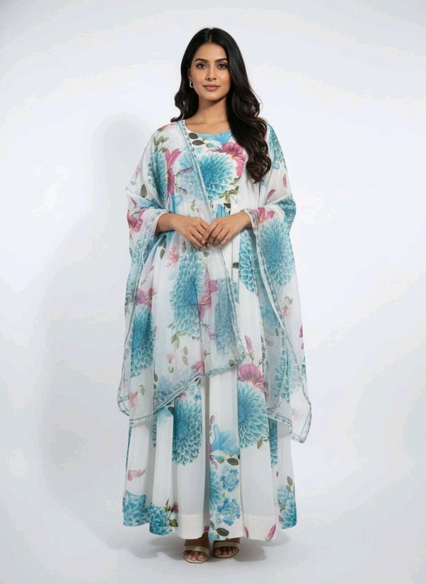 J D 131 Floral Printed Umbrella Top With Shawl White & Sky Blue - XL