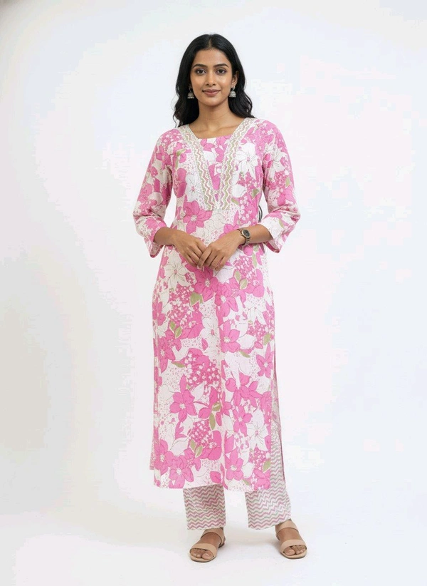 S K S Fashion  Floral Printed Cotton Kurti With Palazzo  Pink