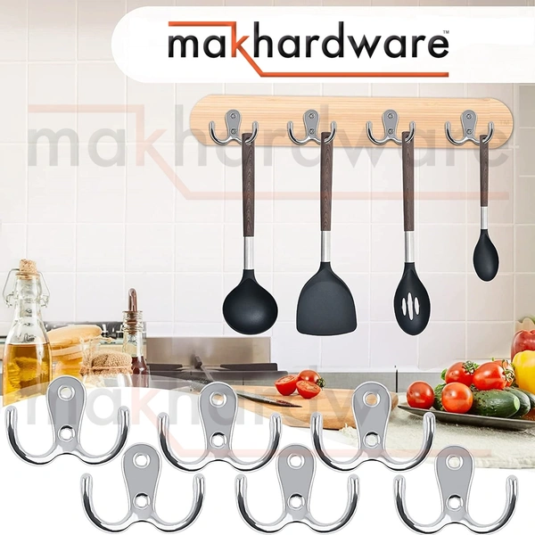 MAK HARDWARE  J HOOK Stainless Steel Unbreakable J Type Two Hook Bathroom Hooks Cloth Hanger Wall Hook Door Robe Hooks for Hanging Keys, Clothes Per Piece... - SILVER
