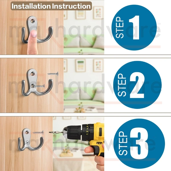 MAK HARDWARE  J HOOK Stainless Steel Unbreakable J Type Two Hook Bathroom Hooks Cloth Hanger Wall Hook Door Robe Hooks for Hanging Keys, Clothes Per Piece... - SILVER