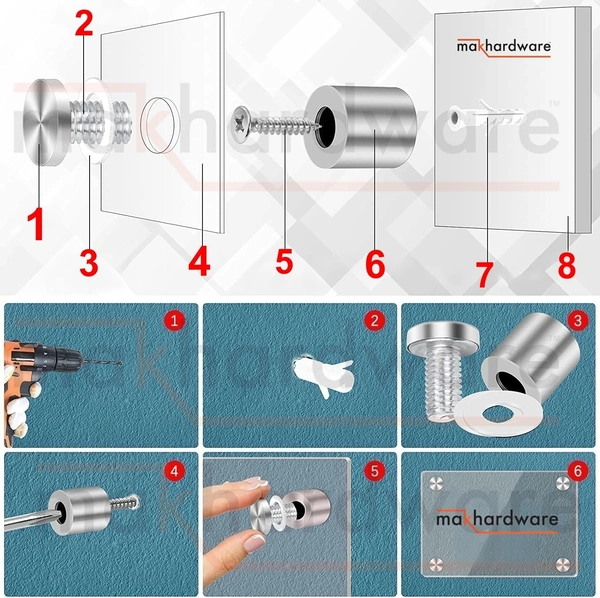 MAK HARDWARE STAINLESS STEEL (25mm Rod Thickness) SPACERS MOUNT STAND OFF BOLTS SCREWS S.S. STUDS FOR GLASS/ACRYLIC SHEETS DESIGNER SHEETS - - 25mm*100mm / 1inch.*4inch.