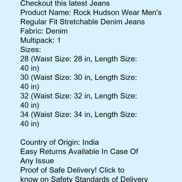 Rock Hudson Wear Men's Regular Fit Stretchable Denim Jeans - 38