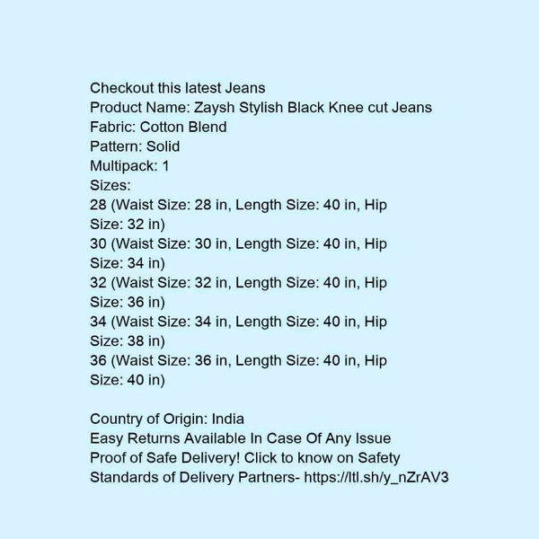 Zaysh Stylish Black Knee cut Jeans* - 36