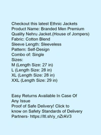 Branded Men Premium Quality Nehru Jacket.(House of Jompers) - l
