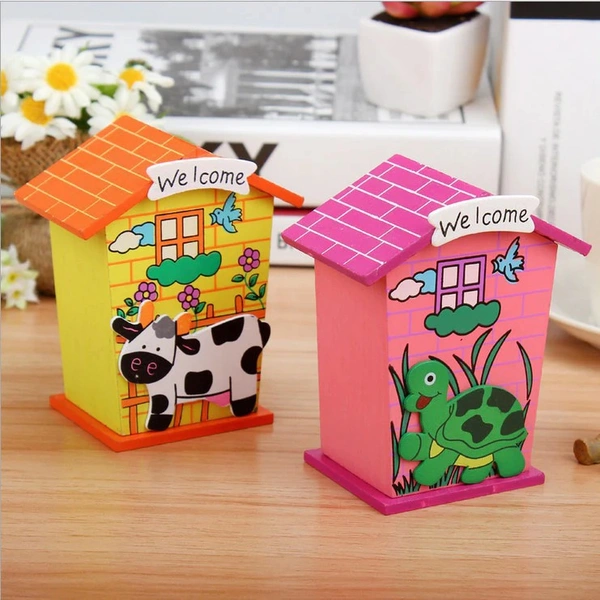 Cute Cartoon House Shaped Lovely Wooden Piggy Bank Money Bank 