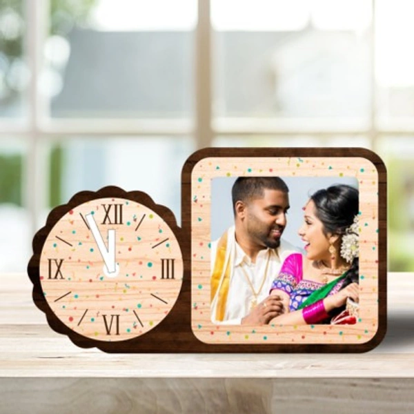 Wooden Table top Photo Frame with Clock - 6x9, Beige