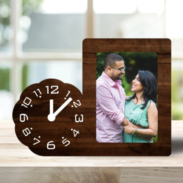 Wooden Table top Photo Frame with Clock - 6x9, Brown
