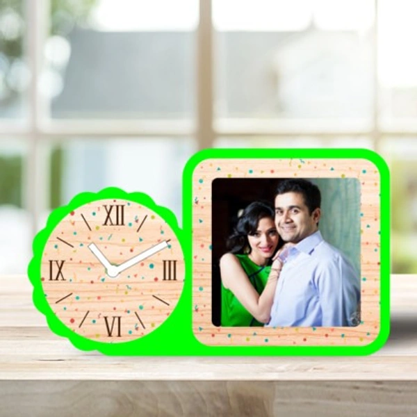 Wooden Table top Photo Frame with Clock - 6x9, Green
