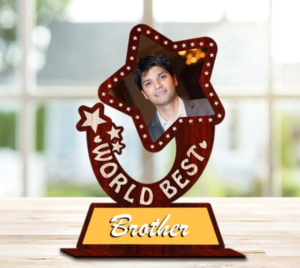 Personalized World's Best Brother Award Shape Wooden Photo Frame with Print - 6x9 inch, Birthday Gift