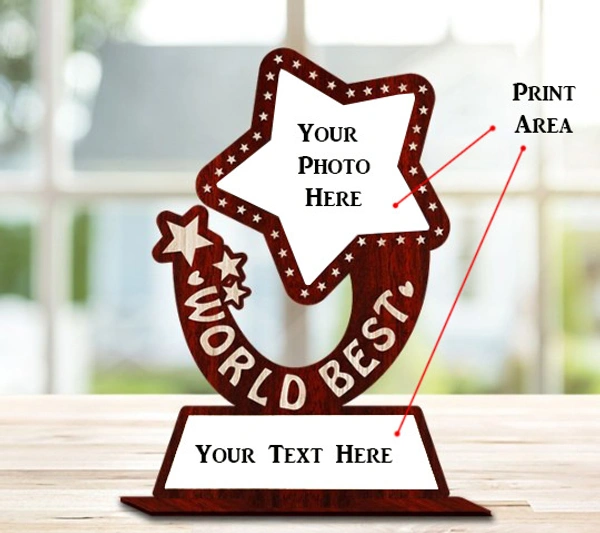 Personalized World's Best Brother Award Shape Wooden Photo Frame with Print - 6x9 inch, Birthday Gift