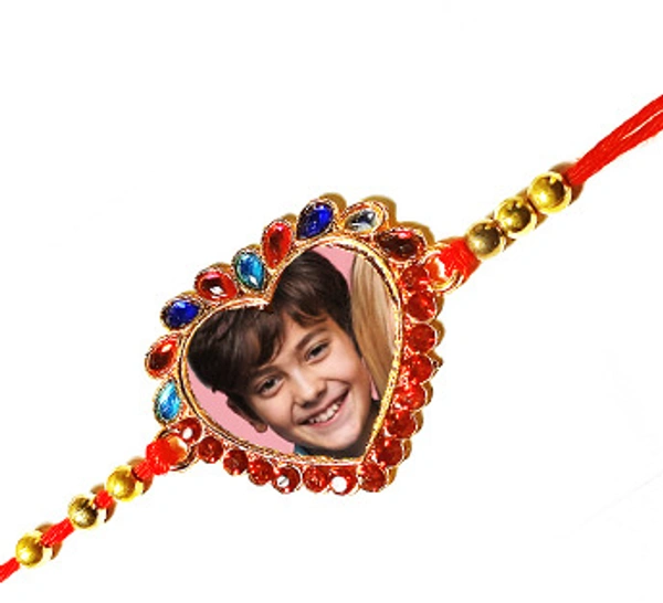 Personalized Rakhi Gift Combo, Rakhi with Table top frame, Photo Rakhi - Metal Heart Rakhi