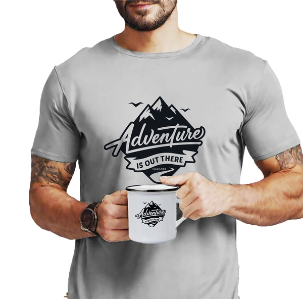 YOGDOTS Adventure Print T-Shirt and Steel Mug Combo for Hiking, Sports, Outing, Picknic or Adventure  - XL, Gray