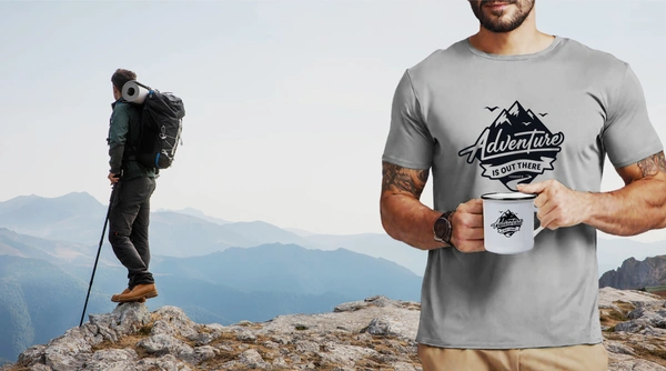 YOGDOTS Adventure Print T-Shirt and Steel Mug Combo for Hiking, Sports, Outing, Picknic or Adventure  - XL, Gray