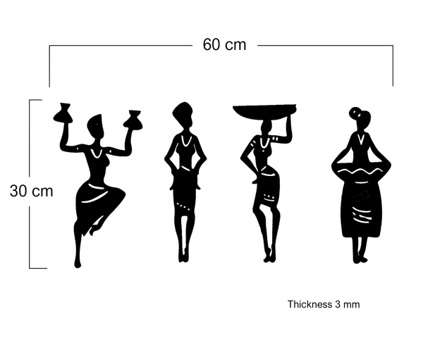Achchha Gift Wooden Tribal Women 4 Pcs. Set Wall art, Home Room Office Decoration, no plastic | Wall Art, Abstract design - Black, Medium  - 60x30 cm